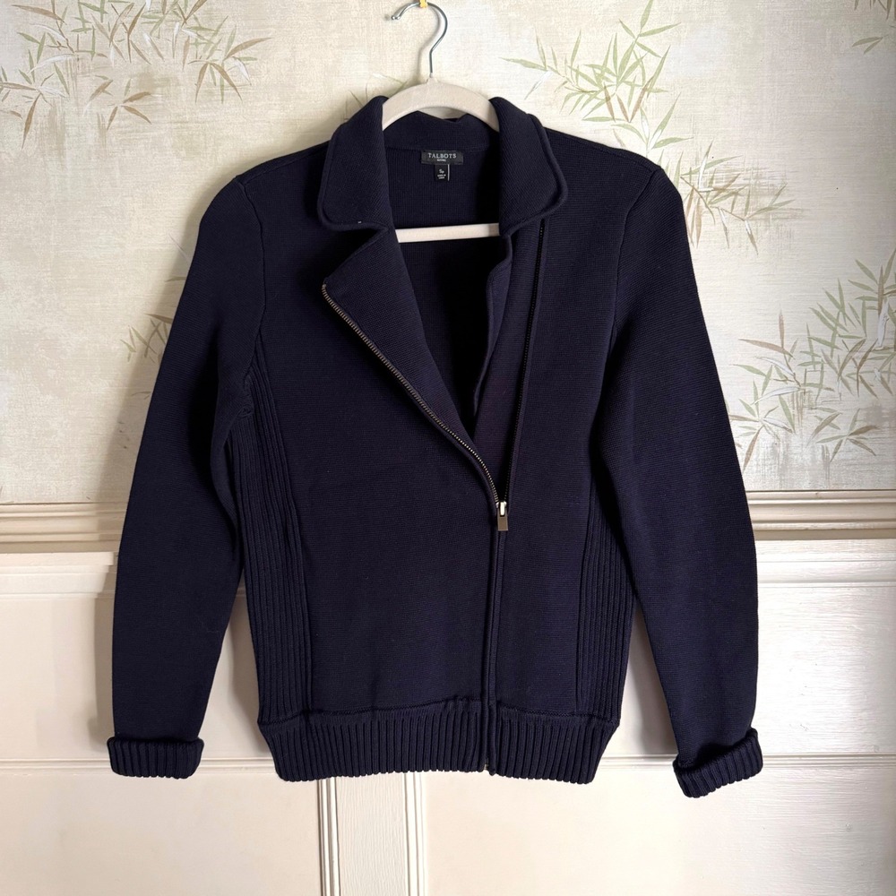Talbots Asymmetrical Zip up Cardigan Navy Blue Small Petite Preppy Academia